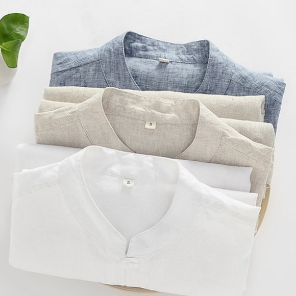 Buttoned Round Neck Short Sleeve Linen Tee - Picture 8 of 10